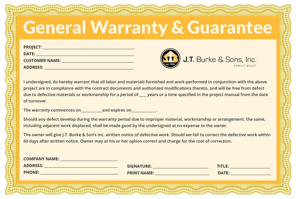 J.T. Burke and Sons General Warranty & Guarantee certificate